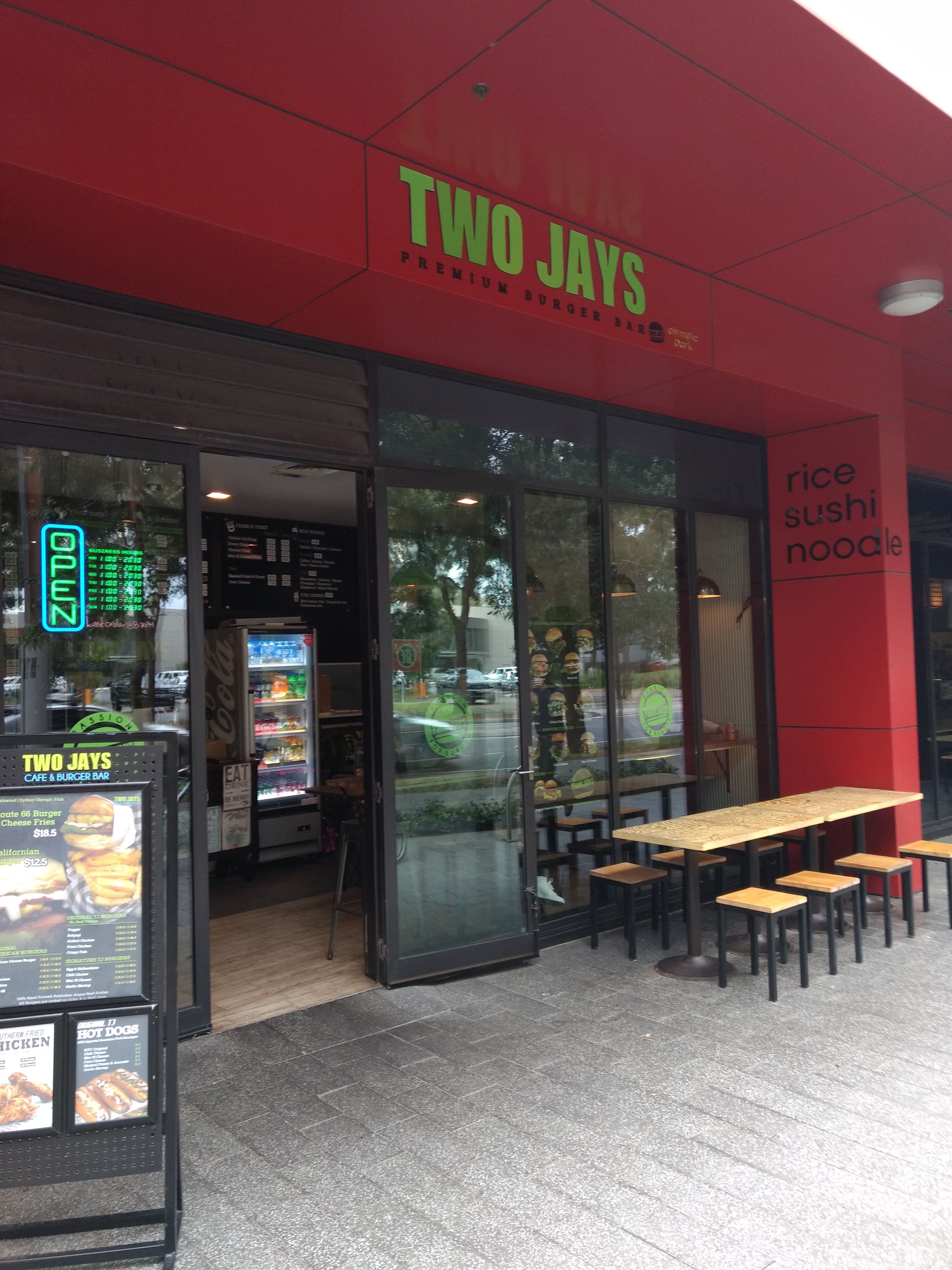 Menu of Two Jays Burger Joint, Sydney Olympic Park, Sydney