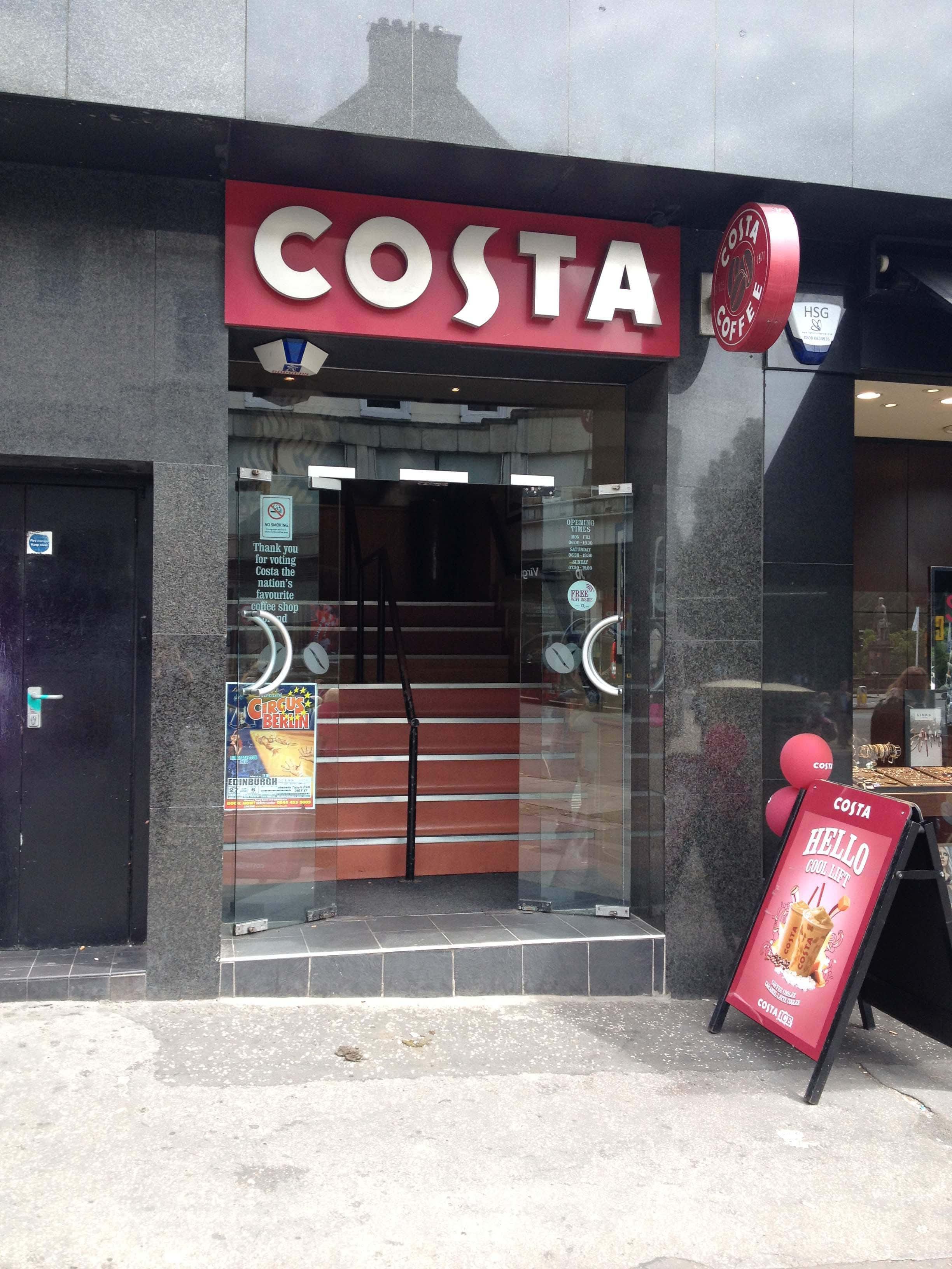 Menu Of Costa Coffee, Hanover Street, New Town, Edinburgh