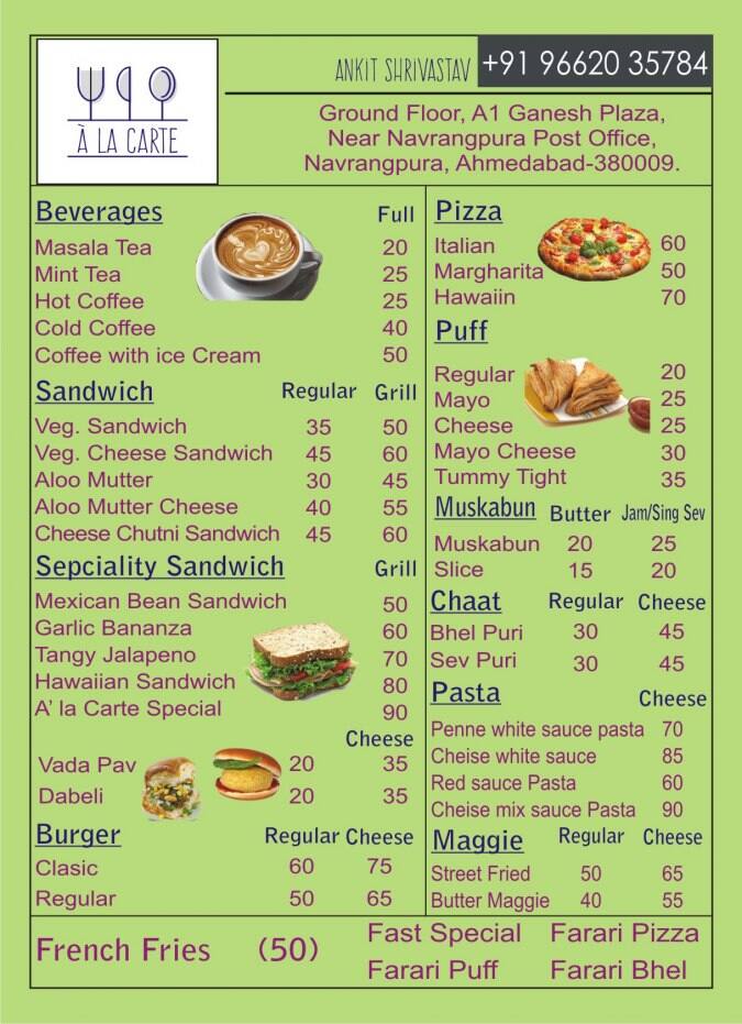 A La Carte Cafe Menu Menu For A La Carte Cafe Navrangpura Ahmedabad