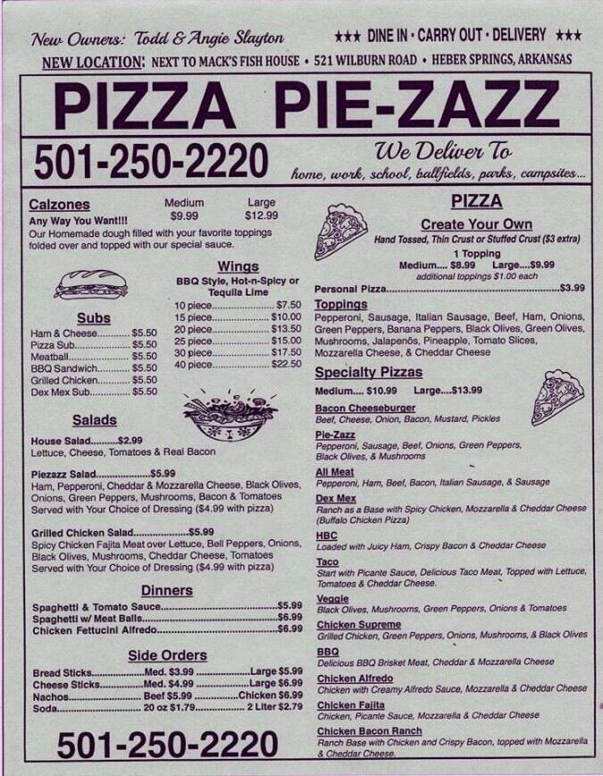 Pizza PieZazz Heber Springs Menu Urbanspoon/Zomato