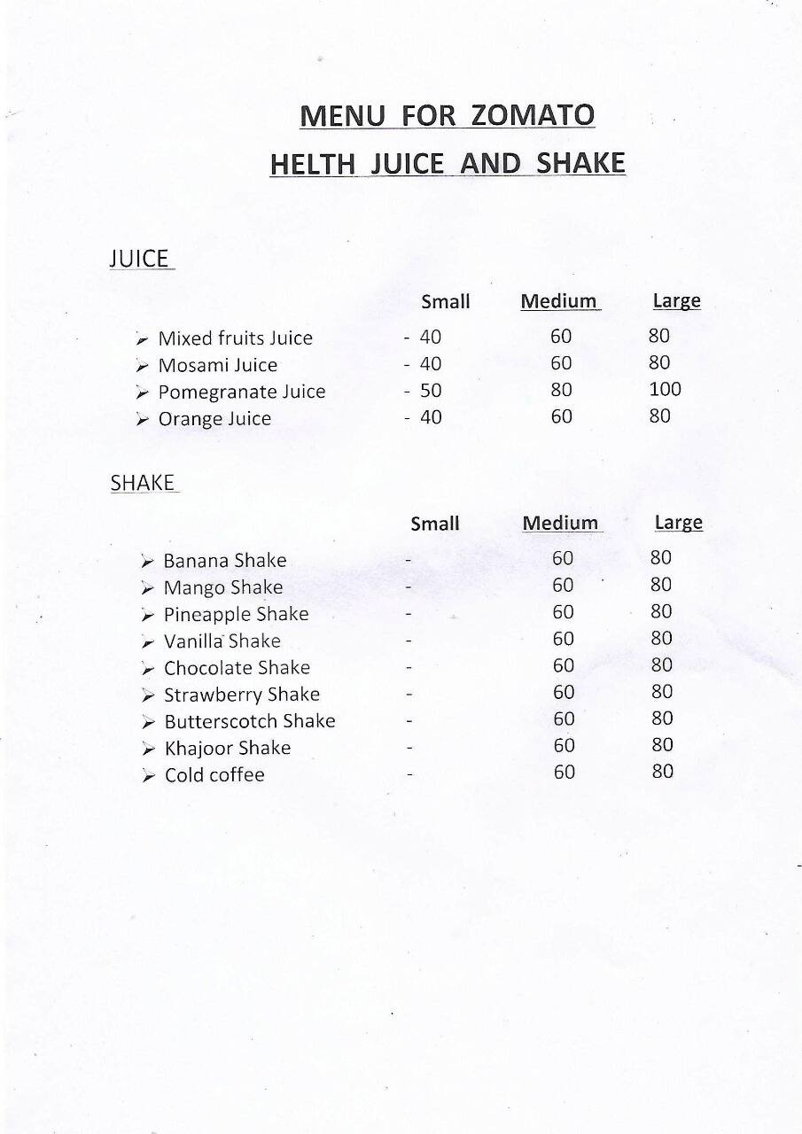 Menu of Health Juice And Shake, Knowledge Park, Greater Noida