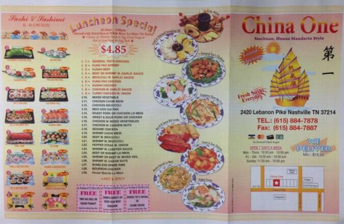 China One Menu, Menu for China One, Merry Oaks, Nashville - Urbanspoon ...