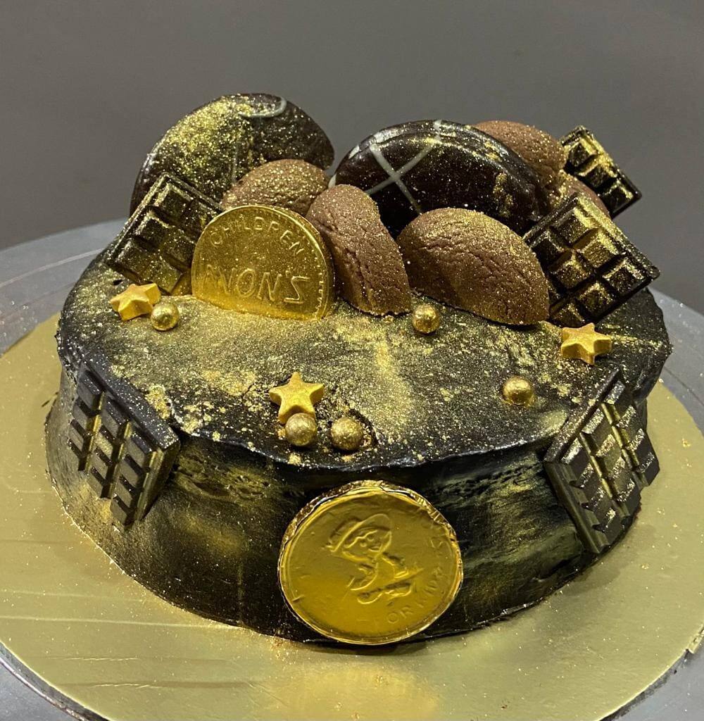 Blue Celebration Cake With Cash, Gold Coins And Ingots