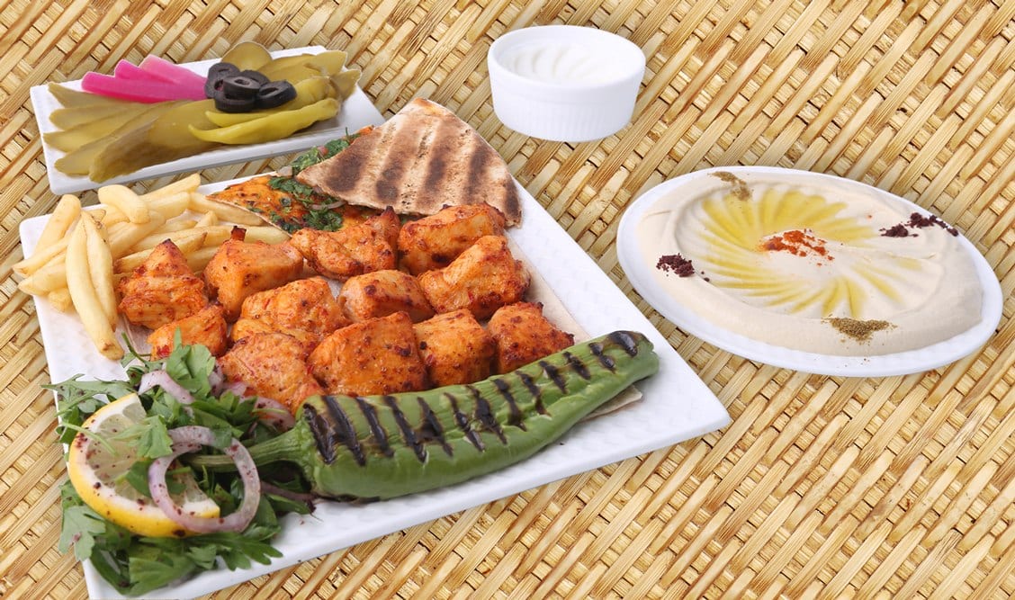 Rawabi Alsham hummus and grilled chicken platter