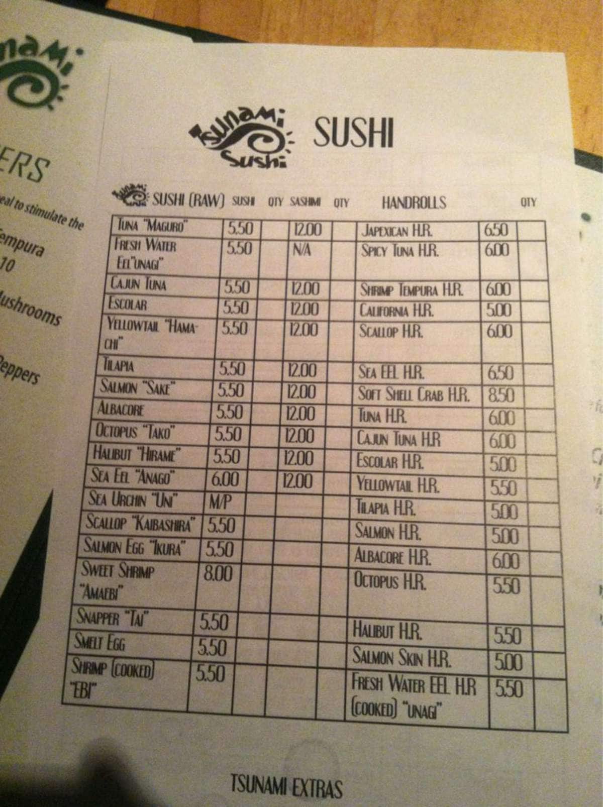 Menu of Tsunami Sushi, Huntington Beach, Orange County